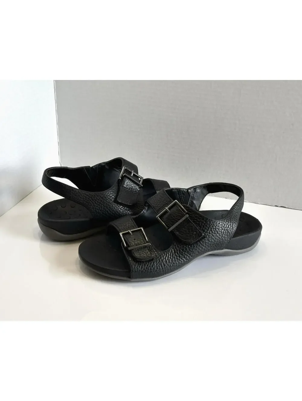 Vionic Albie Women Sz 6.5 Black Leather Strappy Slingback Orthotic Comfy Sandals